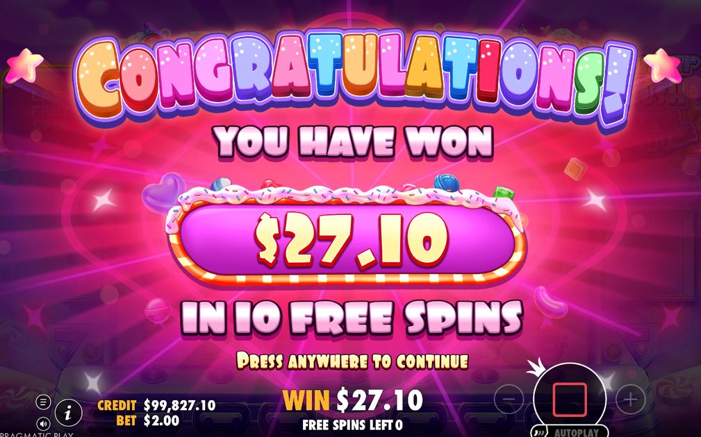 Win screen with the total amount won